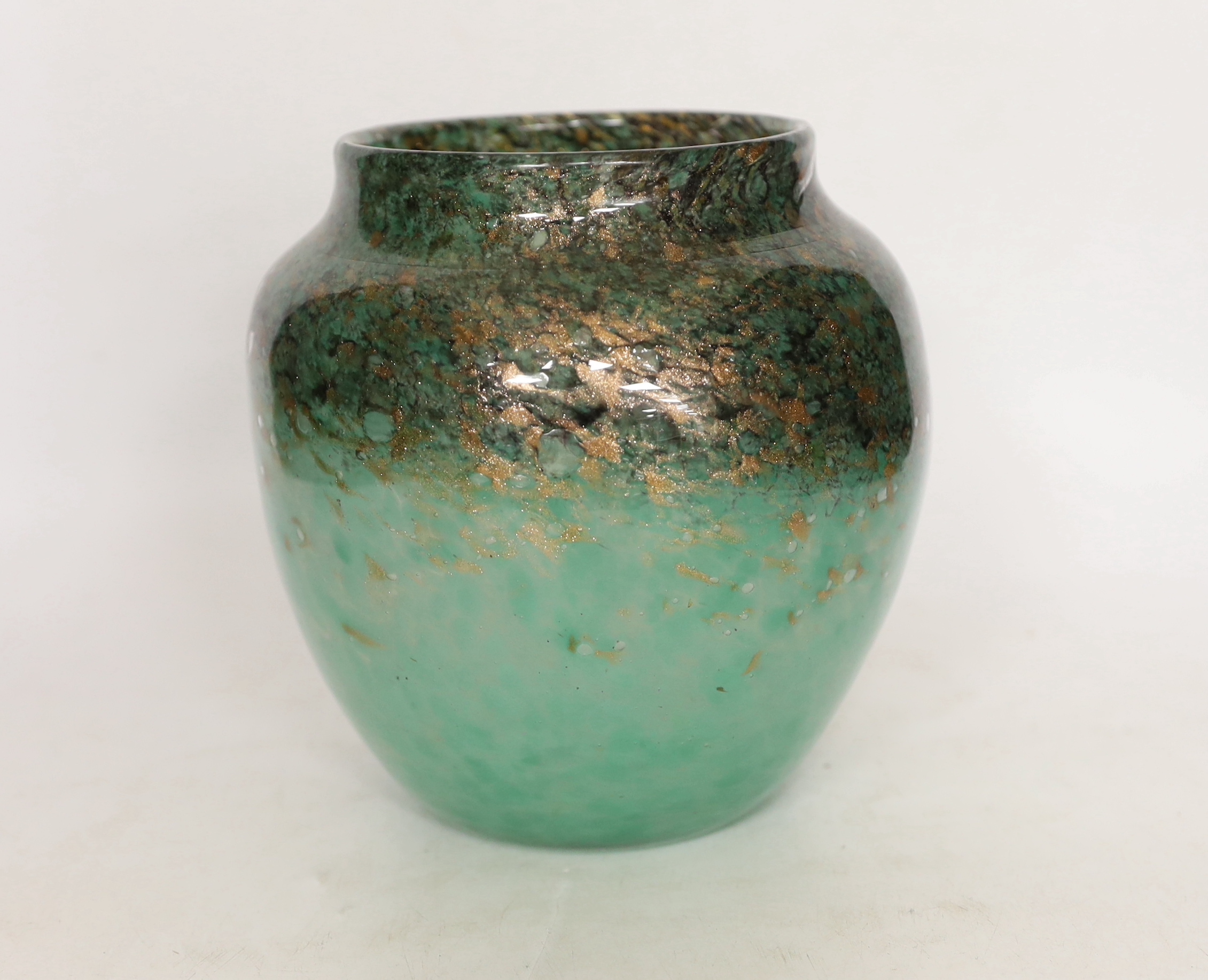 A Monart green glass vase, 17cm